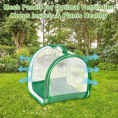 M METERXITY Butterfly Habitat Cage Terrarium, Outdoor Collapsible Mesh Pop-up with Zipper Protection for Breeding Butterfly/Ladybug, Mesh Plant Enclosure [White with Green, 8 x 8 x 8 Inch]