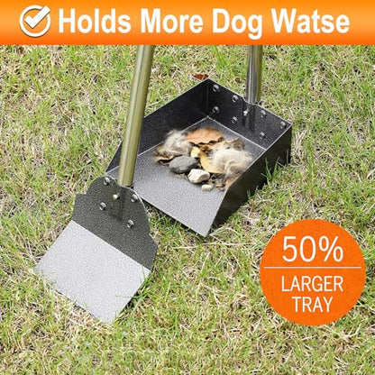 Dog Pooper Scooper, Metal Tray & Spade with 38.2" Long Handle | Medium Dog Poop Scooper: 6.5x6.7x2.5in Tray, 5.1x3.3in Spade, No-bend Pickup, Easy Rinse, Tool-free Setup - size: Medium