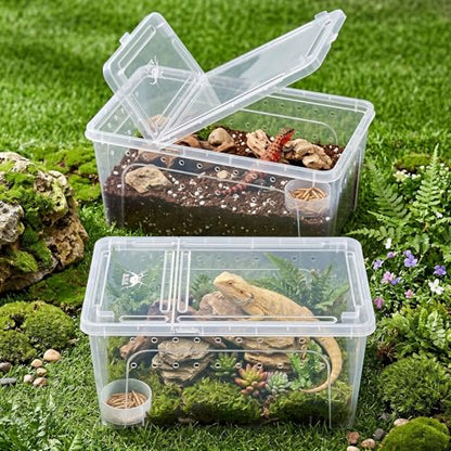 Tlence 2 Pack Critter Keeper, 12.6"x8.7"x6" Clear Plastic Enclosure Terrarium, Portable Transport Container with Feeding Bowl, Small Hatching Container with Ventilated Lid for Snake, Lizard, Gecko