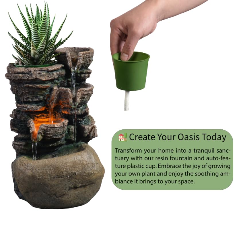 Haobos Indoor Fountain 4-Bowl Rockery Soothing Sound Tabletop Fountains Home/Office Decor with a Small Plastic Pot to Grow The Plant by Yourself(Automatic Watering)