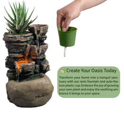 Haobos Indoor Fountain 4-Bowl Rockery Soothing Sound Tabletop Fountains Home/Office Decor with a Small Plastic Pot to Grow The Plant by Yourself(Automatic Watering)