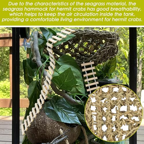 Hermit Crab Climbing Toys Set, Seagrass Hammocks Reptile Ladder Bridge Set Ornamental Fake Grass, Hermit Crab Habitat Tank Accessories, Also for Lizard Hamster Guinea Pig Rats