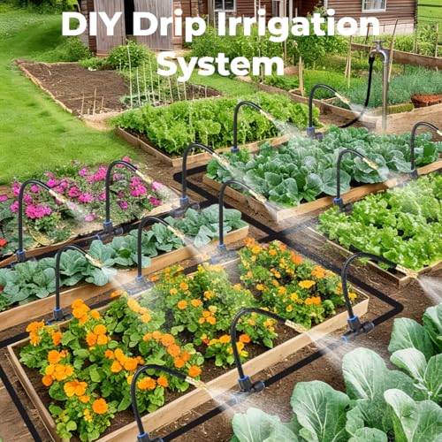 230FT Drip Irrigation System for Garden: 40 Nozzles 1/4" PE Tubing Automatic Watering Kit Adjustable Misting Sprinkler Mister Hose for Water Plants Tape Raised Beds Lawn Outdoor Yard Greenhouse - size: 230FT