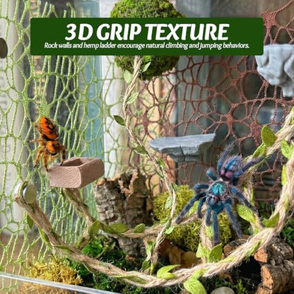 Jumping Spider Enclosure Accessories Kit - Magnetic Moss Ball Hideout, 2 Rock Ledges, Feeding Bowl, Climbing Mesh Nets & Rope Ladder - Natural Forest Habitat Decor for Regal (Moss Cave with Rope) - size: Moss Cave with Rope