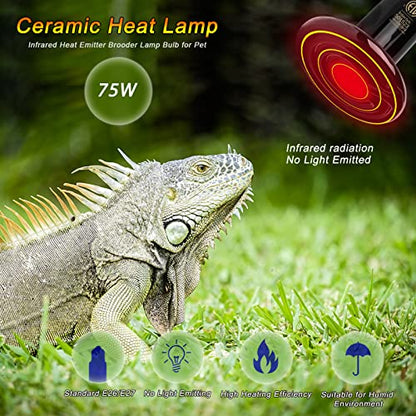 2 Pack 75W Black Ceramic Heat Emitter for Reptile | Infrared, No Light Emitted, Heater, 24/7 Warmth, Brooder Coop, Amphibians, Lizard, Turtle Tank, Aquarium, Snake, No Harm