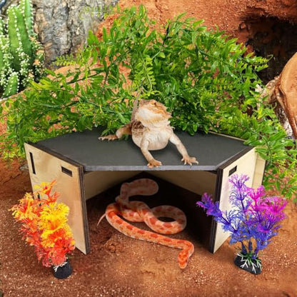 PINVNBY Large Bearded Dragon Basking Platform Wooden Snake Hide Ball Pythons Hide with Slate Rock Leopard Gecko Tank Accessories for Crested Gecko Chameleon(Triangle: 12.6 x 9.84 x 4.53 inches)