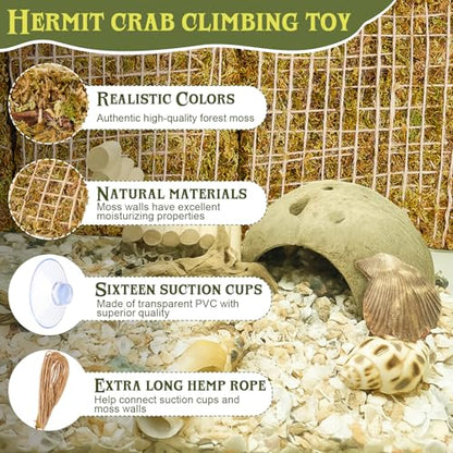 Ripeng 4 Pcs 6 Inch Hermit Crab Climbing Wall Adjustable Reptile Decor with 16 Suction Cups Hook and 1 Hemp Rope for 10 Gallon Tank Hermit Crab Supplies Fish Tank Decorations Climbing Toy