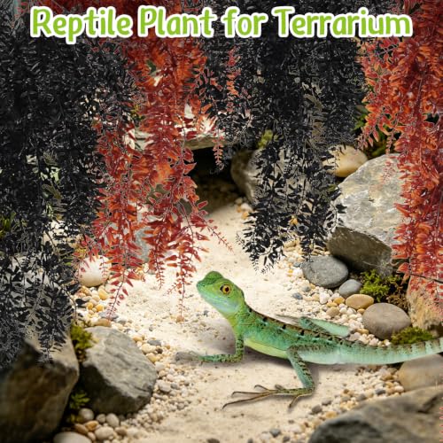 Hamiledyi Reptile Plants Hanging Terrarium Plants 4 Pack Fake Artificial Leaves with Suction Cup for Snake, Lizard, Chameleon (Red & Black) | 4 Pack Fake Artificial Leaves with Suction Cup, Snake Foliage, Reptile & Amphibian Habitat Plants for Chameleon (