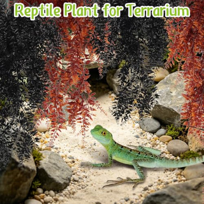 Hamiledyi Reptile Plants for Terrarium, Hanging Tank Greenery | 4 Pack Fake Artificial Leaves with Suction Cup, Snake Foliage, Reptile & Amphibian Habitat Plants for Chameleon (Red & Black) - color: 2 Pcs Black +2 Pcs Red Reptile Plants