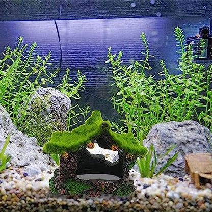Tfwadmx Aquarium Decoration House Resin Hollow Betta Hideout House Fish Hide Tank Terrarium Accessories Cave Ornament for Small Shrimp Hideaway with Moss（2Pcs） - size: 2PCS