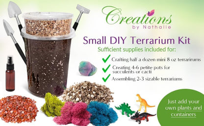 Creations by Nathalie DIY Terrarium Kit with Moss, Soil, Tools & Decor | DIY terrarium starter kit with moss, soil, pebbles, tools, crystals, and figurines for creating indoor plant displays.