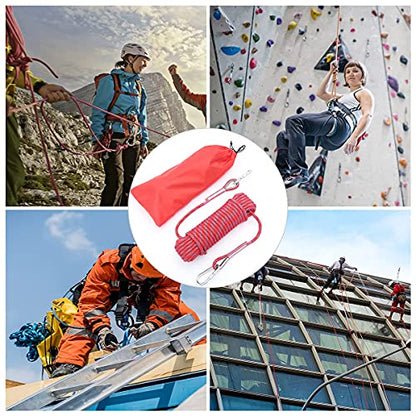 10mm/12mm (32FT/64FT) Climbing Rope, Outdoor Static Rock Climbing Rope, Tree Climbing Rappelling Rope, Escape Nylon Rope, Ice Climbing Equipment Fire Rescue Parachute Rope with 2 Steel Hooks - color: Red, size: 10mm/32ft