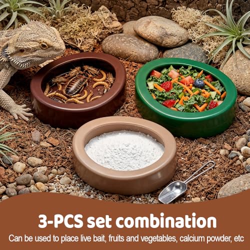Reptile Food Bowls, 3PCS Anti-Escape Reptile Feeder with Semi-Enclosed Design Terrarium Accessories for Gecko Bearded Dragon Reptiles