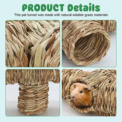 BWOGUE Hamster Grass Tunnel Toy, Guinea Pig Grass Tunnel, 4-Way Hideaway | Natural Grass for Chewing, 4 Entrances, No Nails or Staples, 14.1 x 4.3 in, Grass Hide for Hamsters, Hedgehog & Ferrets