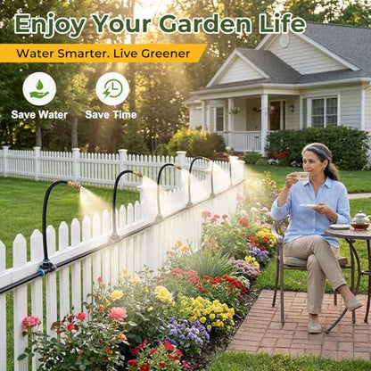 50FT Drip Irrigation Kit, 360° Adjustable Garden Watering System with 1/4" Tubing, Brass Misting Nozzles, DIY Irrigation System for Plants, Raised Beds, Greenhouse - size: 50FT