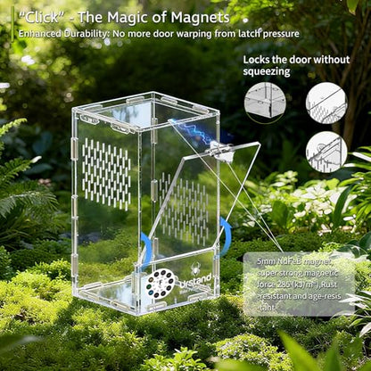 Jumping Spider Enclosure, Front-Opening Acrylic Spider Terrarium with Magnetic Door, Laser-Cut Biomimetic Ventilation System, Escape-Proof for Feeder Insects - size: 4.3"x4.3"x7.8"
