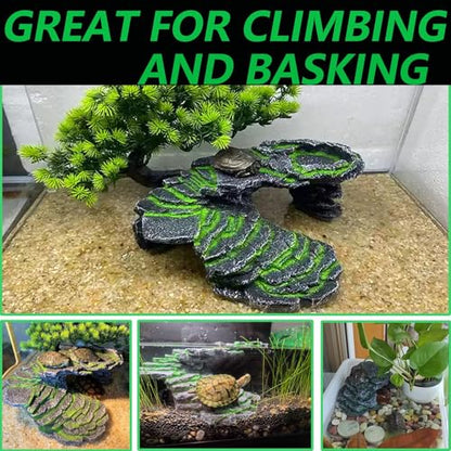 3PCS Turtle Basking Platform Tortoise Resin Dock Tortoise Climbing Ramp Shale with Leaf Tortoise Food Dish Reptile Food Water Bowls Great for Reptiles,Amphibians and Fish