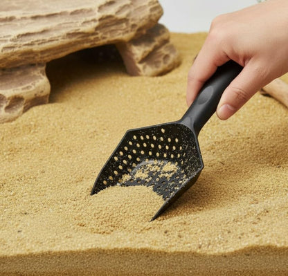 Reptile Sand Sifting Scoop Litter Shovel - Durable Metal Reptile Litter Cleaner Scooper with Black Non-Slip Handle, Fine Mesh Sifter for Lizard Substrate, Terrarium Sand & Waste Removal
