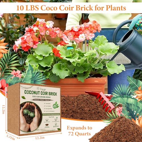 10LBS Organic Coco Coir Brick for Plants- 100% Natural Compressed Coconut Coir Brick with Low EC & pH Balance, Coco Coir Fiber Grow Medium Potting Soil for Herbs, Flowers, Plants and Reptile