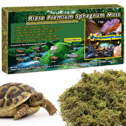 Riare 7 OZ Natural Sphagnum Moss for Reptiles, Terrarium Substrate Bedding | 6QT High Expansion, Moisture Retention, Helps Shedding, Long Fibered Dried Moss for Leopard Gecko, Snake, Frog, Turtle - color: 7 OZ