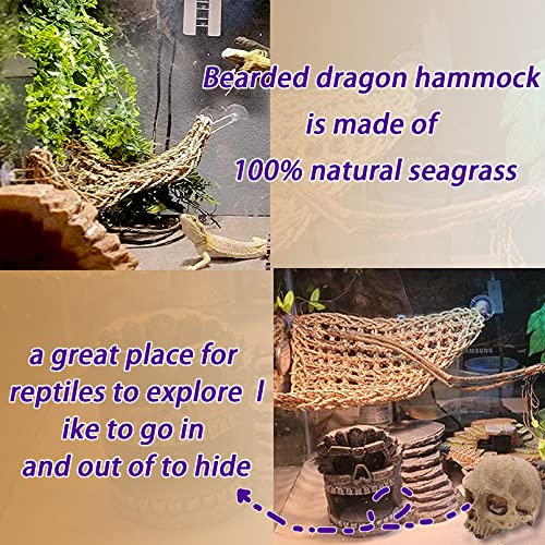 Bearded Dragon Skull Hide Decor,Reptile Natural Seagrass Hammock Lizard Lounger Reptiles Tank Accessories Jungle Climber Bendable Vine Habitat Decorations for Chameleon Spider Snakes(4Pcs)