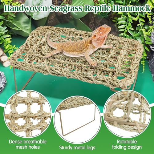 kathson Bearded Dragon Hammock with Ladder, Seagrass Reptile Basking Hammock with Metal Legs, Adjustable Lizard Bed Tank Accessories Decor for Amphibian Gecko Snake Hermit Crab Chameleon Climbing