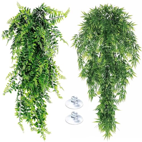 Reptile Plants for Bearded Dragon Tank Accessories, 2 Pack Terrarium Hanging Vines Artificial Leaves with Suction Cups for Lizard, Gecko, Snake, Chameleon Habitat Decor - color: Rp-b-1