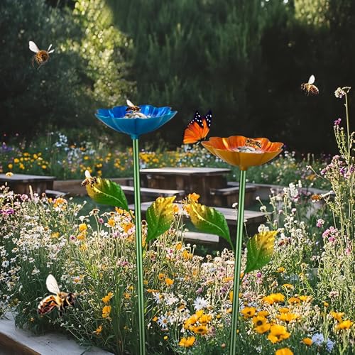 Bee Watering Station,2 Pack Butterfly Drinking Station with Flower Design for Garden,Colorful Metal Flying Insects Feeder Baths for Garden Yard Decor (Blue,Yellow) - style: Flower--Blue,Yellow