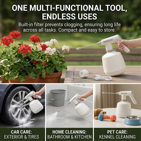 Electric Spray Bottle，2 Spray Modes Removable Wand | 2L ABS electric sprayer with 1200mAh rechargeable battery for gardening,household cleaning &Pet Bathing Grooming