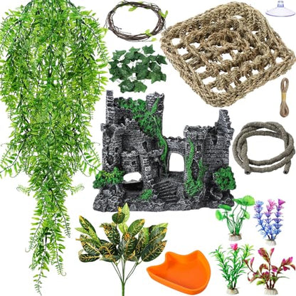 Foilswirl Bearded Dragon Tank Accessories Resin Reptile Castle Hammock Plants Climber Vines Jungle Terrarium Branch Plants Habitat Decoration for Hiding Climbing Snake Gecko Lizard Chameleon - style: Resin Reptile Castle