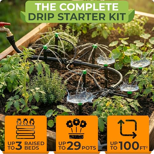 Quick Connect Drip Irrigation System Kit with Sprinkler, 100 feet | For Garden, Yard, Raised Beds, Plants, Lawn, with 5/16" Mainline + 1/4" Tubing + 30 Emitters - size: Quick-Connect 100 feet