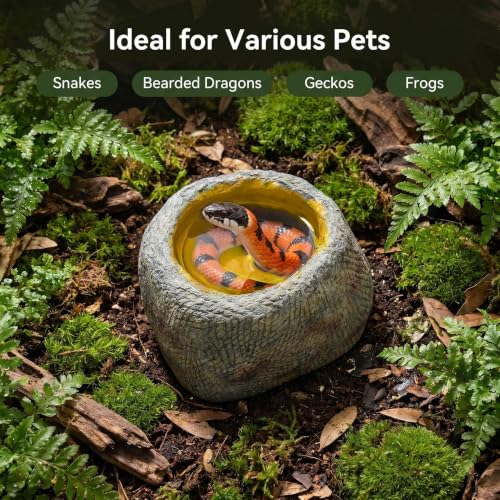 Resin Reptile Feeding Water Bowl with Wide Non-Slip Base | for Bearded Dragons, Gecko & Frog Compatible, Soaking & Drinking, Natural Rock Texture, Cage Decor
