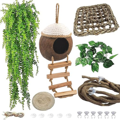 Leopard Gecko Coconut Hut with Ladder,Grested Gecko Coco Den Lizards Hanging Coconut Shell Hideout Cave Reptiles Tank Accessories Climbing Hanging Plants Jungle Vine Flexible Leaves Decor - style: 【Style D】