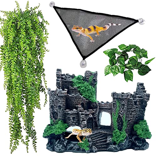 kathson Bearded Dragon Tank Castle Decorations,Reptile Hammock Reptiles Habitat Resin Hideouts Cave Decor Terrarium Accessories for Lizard Snake Chameleon Gecko Hermit Crabs (4 Pcs)