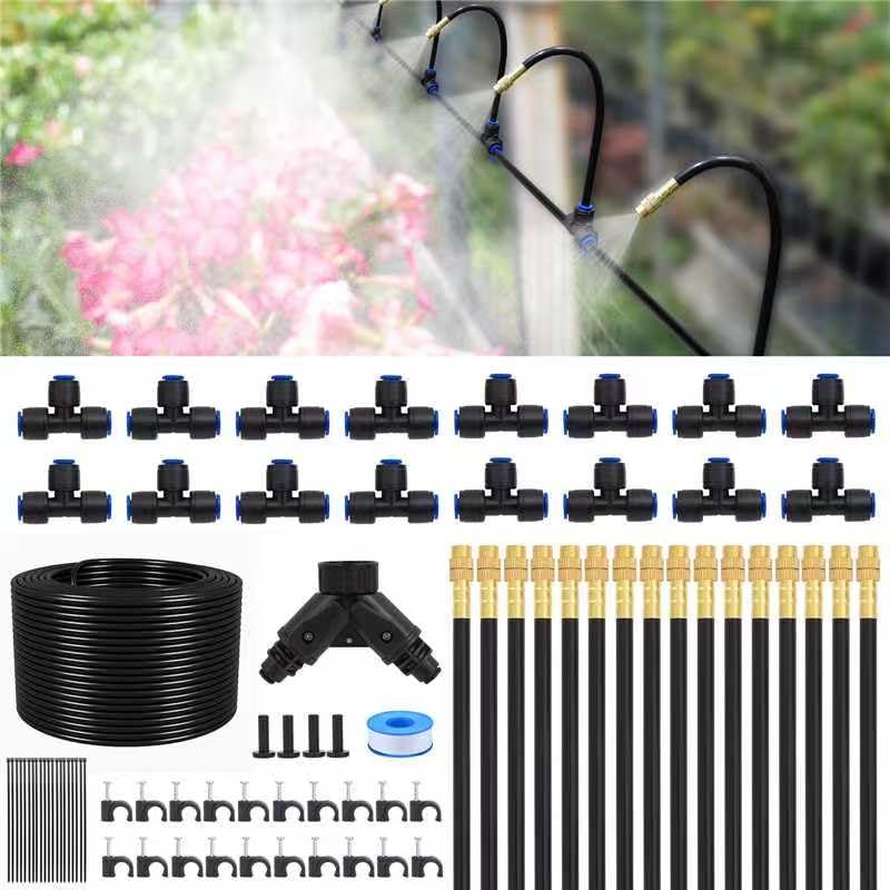 Drip Irrigation System Kit with 16 Pcs Adjustable Brass Nozzles & Bendable Spay Arm,120ft Garden Watering Misting System for Outdoor Raised Bed, Potted Plant, Yard, Greenhouse - size: 120ft+16pcs nozzles and connectors
