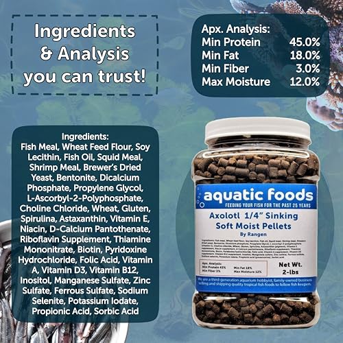 Axolotl Food, 1/4" Soft Moist Sinking Pellets, Rangen's Salmon Meal Pellets for Adult Axolotl. Also Shrimp, Snails, Crabs, Bottom Fish, All Tropical Fish...12oz Small Jar