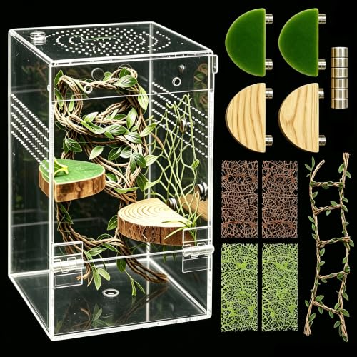 Jumping Spider Enclosure, Acrylic Arboreal Terrarium with Accessories, Magnetic Escape Proof Habitat for Praying Mantis, Tarantula, Gecko, Frog, Snail, Bug & Small Insects