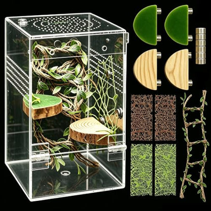 Jumping Spider Enclosure, Acrylic Arboreal Terrarium with Accessories, Magnetic Escape Proof Habitat for Praying Mantis, Tarantula, Gecko, Frog, Snail, Bug & Small Insects