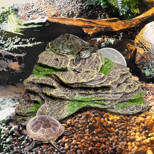 kathson Turtle Basking Platform Floating Turtle Dock Baby Tortoise Climbing Ramp Shale Reptiles Dock Resting Terrace Stone Aquarium Ornament for Frogs Newts (Green Size:7.1”Lx6.3”Wx2.7”H)