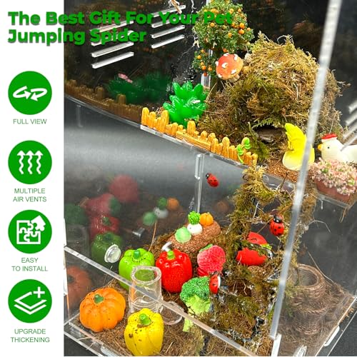 Jumping Spider Enclosure,DIY Insects Habitat,Small Reptile Terrarium Glass House Accessories Set,with Temperature and Humidity Detector Water Feeder Platform Hide,5.5“x5.5”x9.5“ (Farm) - color: Farm