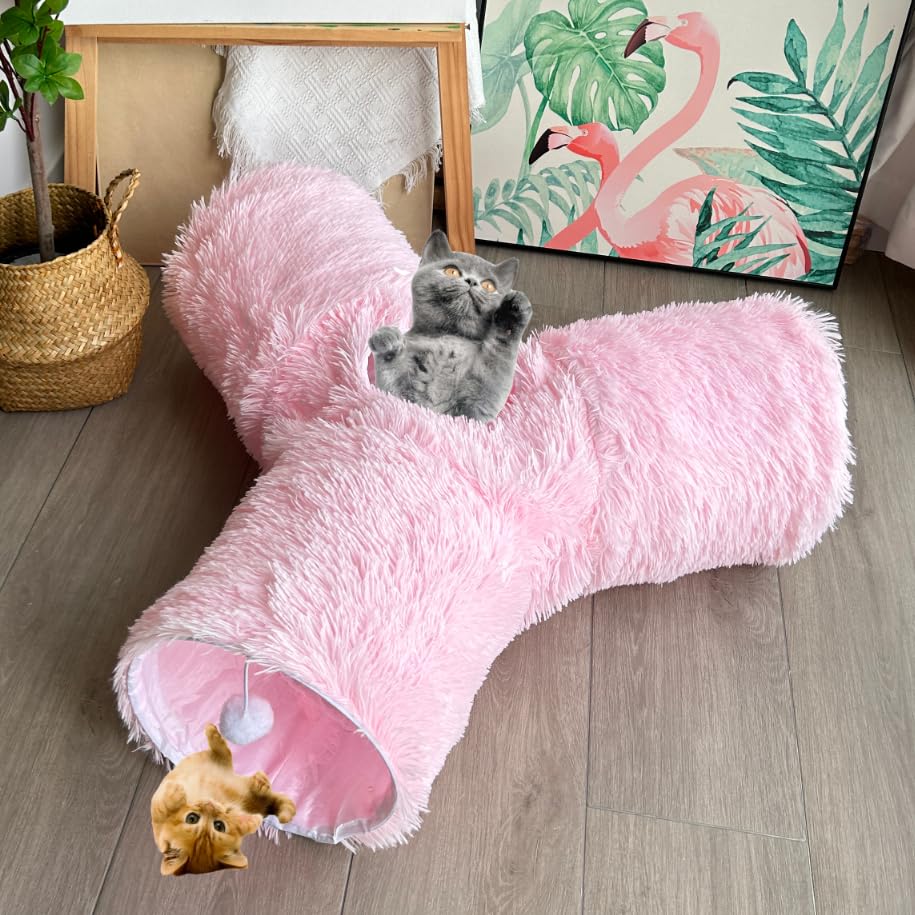 3-Way Collapsible Cat Tunnel Tube Toy Pink Plush | Interactive Play Tunnel with Hanging Ball & Peek Hole for Indoor Cats, Kittens, Puppies & Rabbits | Hours of Fun & Exercise - color: Pink Plush