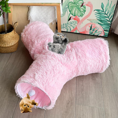 3-Way Collapsible Cat Tunnel Tube Toy Pink Plush | Interactive Play Tunnel with Hanging Ball & Peek Hole for Indoor Cats, Kittens, Puppies & Rabbits | Hours of Fun & Exercise - color: Pink Plush