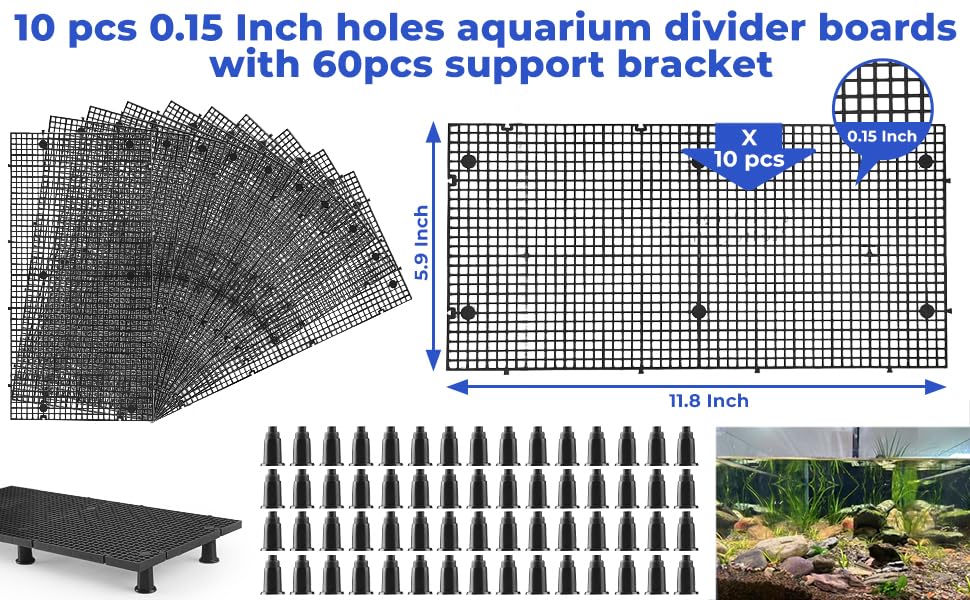 10pcs Plastic Egg Crate Grip Bottom Fish Tank Isolation Board Egg Crate Tray Panel Fish Tank Divider 60pcs Aquarium Board Support Kits - size: 8pcs 11.8X5.9 Inch and 60pcs support feet