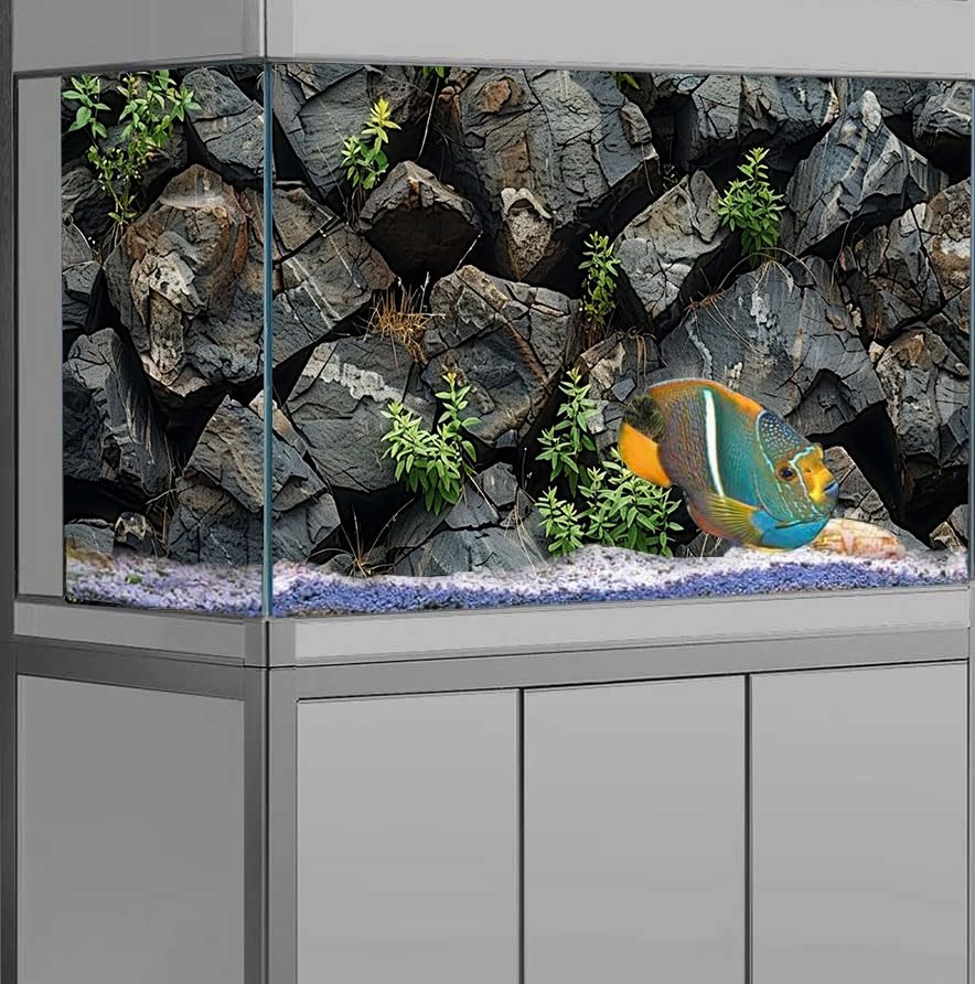 Stone Aquarium Background, Underwater Rock Plant Fish Tank Background Rocky Terrarium Background Black, Polyester Background with 6 EVA Double-Sided Tapes 36x18 inches/90x45 - color: Rock, size: 36"L x 18"W