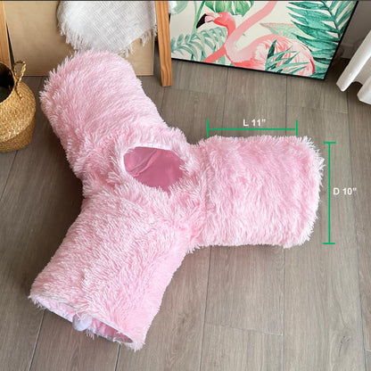 3-Way Collapsible Cat Tunnel Tube Toy Pink Plush | Interactive Play Tunnel with Hanging Ball & Peek Hole for Indoor Cats, Kittens, Puppies & Rabbits | Hours of Fun & Exercise - color: Pink Plush