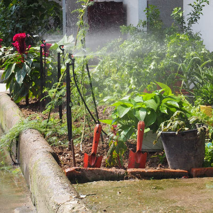 Drip Irrigation Micro Spray Emitter on 20 inch Stake with 1/4" Tubing and Barbed Coupler 180° Half Circle Pattern, 8.5’ Spraying Distance - size: 9 Sets 180° Micro Spray Emitters