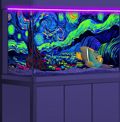 72X16IN Blacklight Vincent Van Gogh Black Light Aquarium Background, UV Fish Tank Background Art Star Oil Painting Terrarium Background with 10 EVA Double-Sided Tape - size: 72X16in/180X40cm