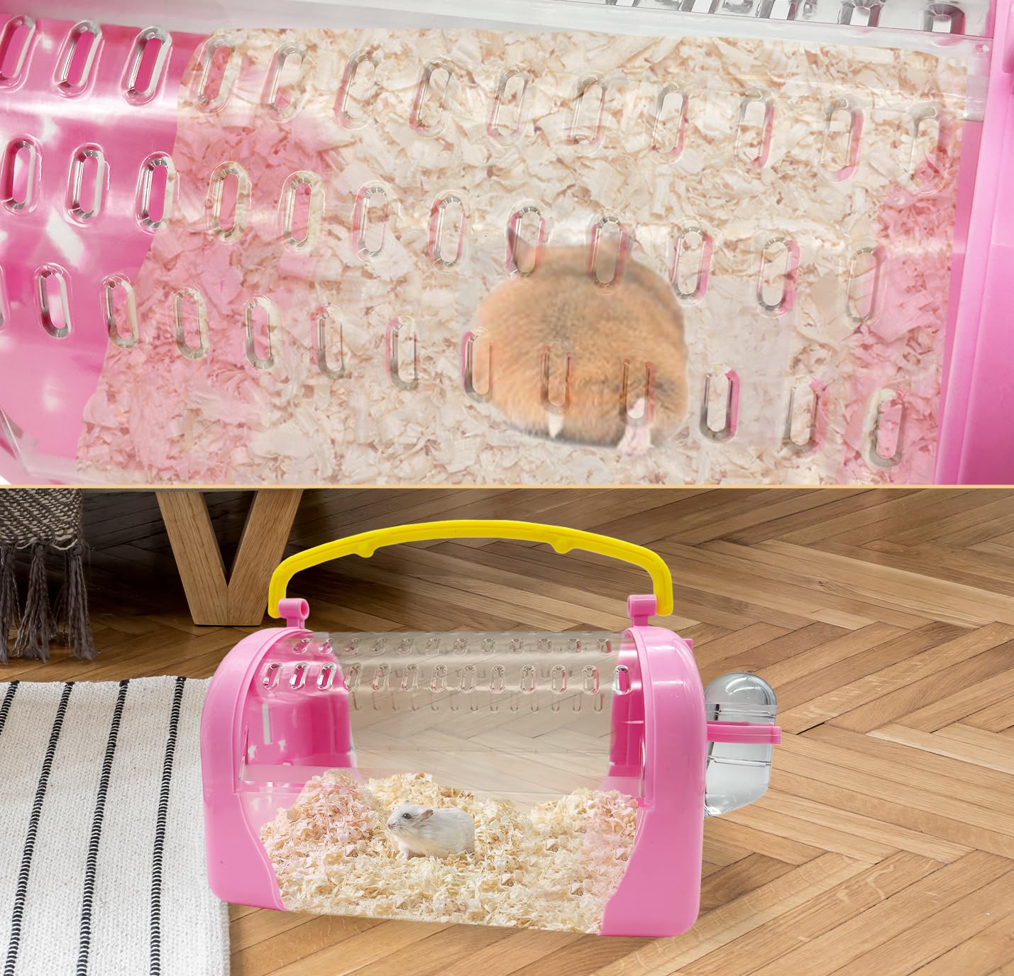 kathson Hamster Cage Travel Carrier Portable Cage with Water Bottle Outgoing Cage and Adjustable Strap Pet Cage for Small Pet Hedgehog Sugar Glider Squirrel Mice（Pink） - size: Pink